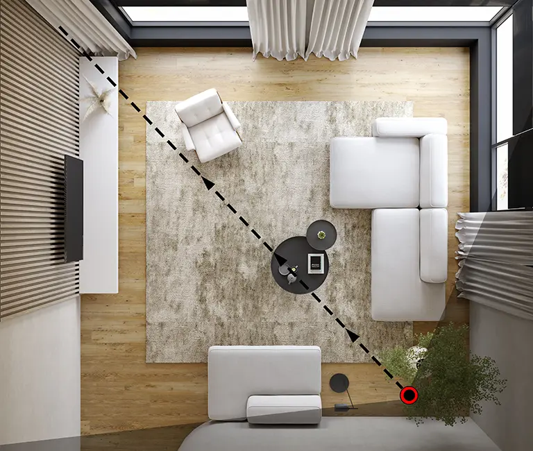 top view of family room with camera angle noted