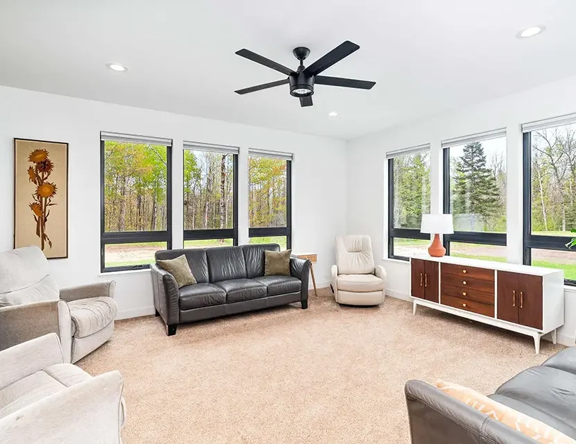 family room with mid-century cabinet