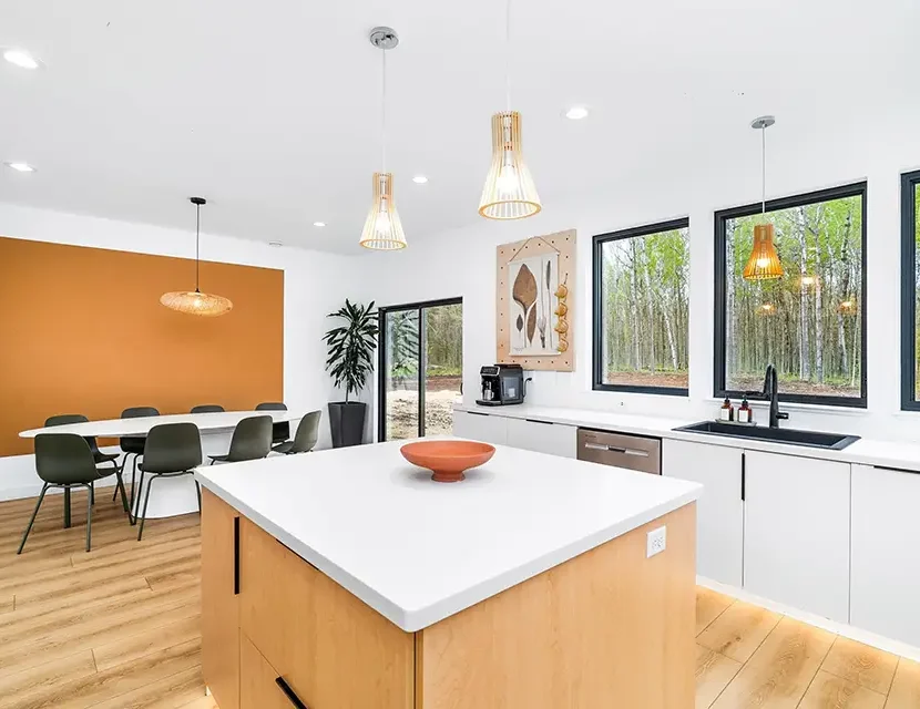 pure white kitchen counters and walls