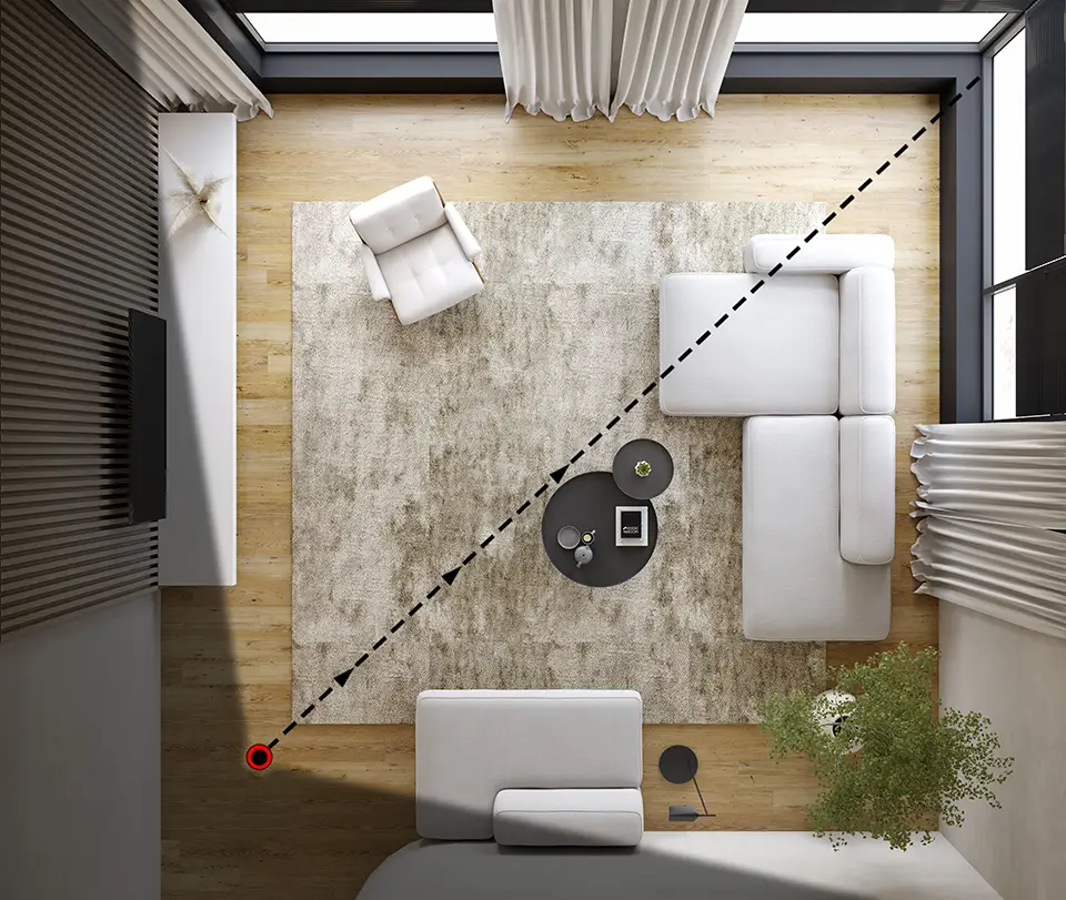 top view of family room with corner to corner aim highlighted