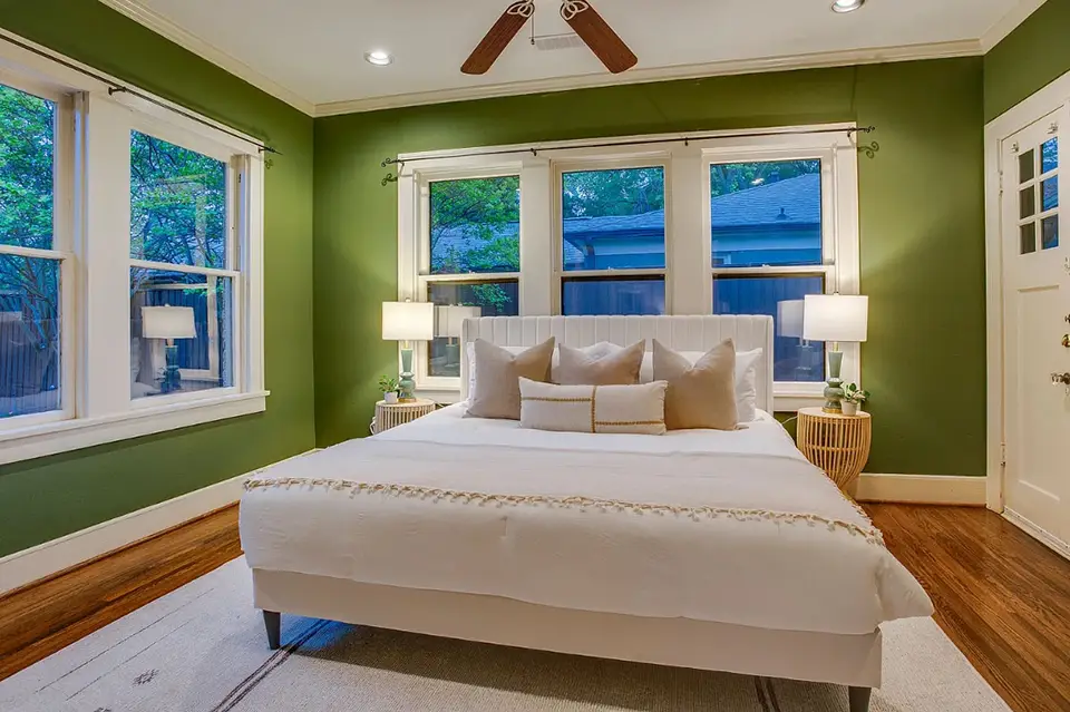 bedroom with bedside lights on