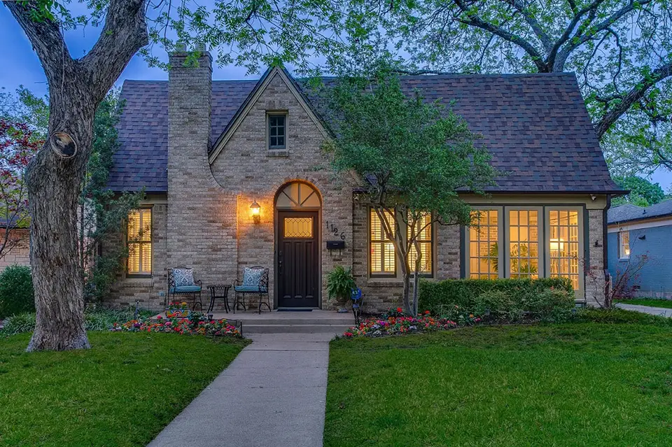 front view of house at dusk