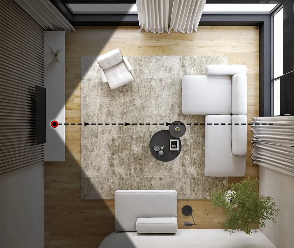 top view of family room aiming perpendicular to wall