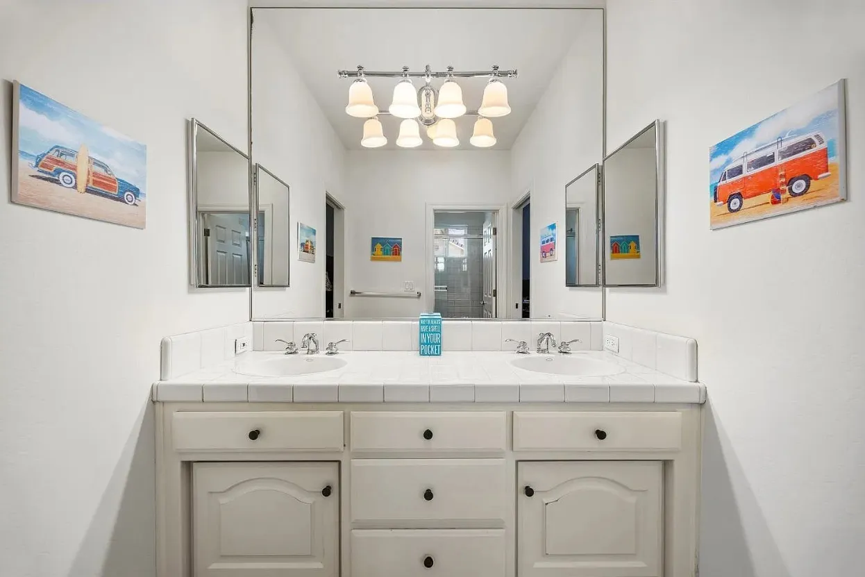 looking into bathroom vanity mirror